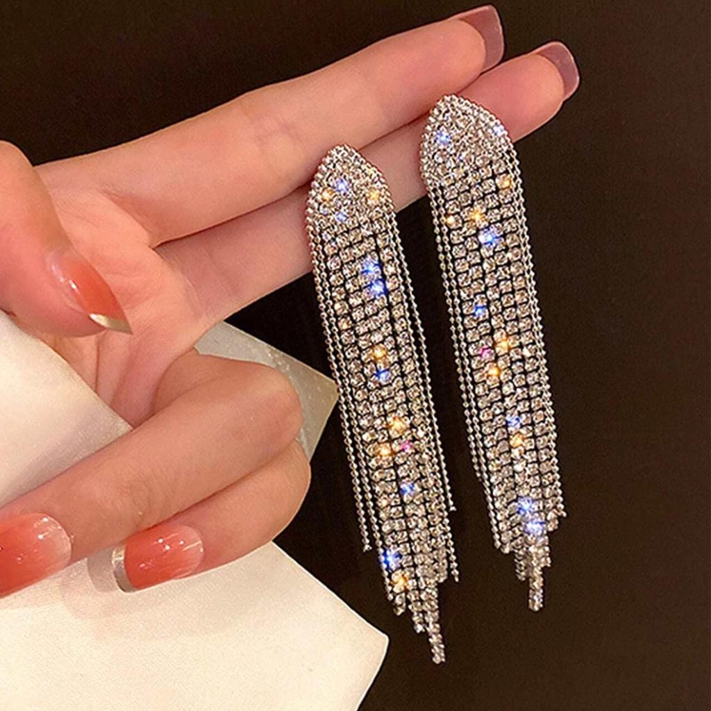 European and American Diamond-encrusted Metal Long Fringed Earrings Women's High-end Studs, Niche Temperament Earrings