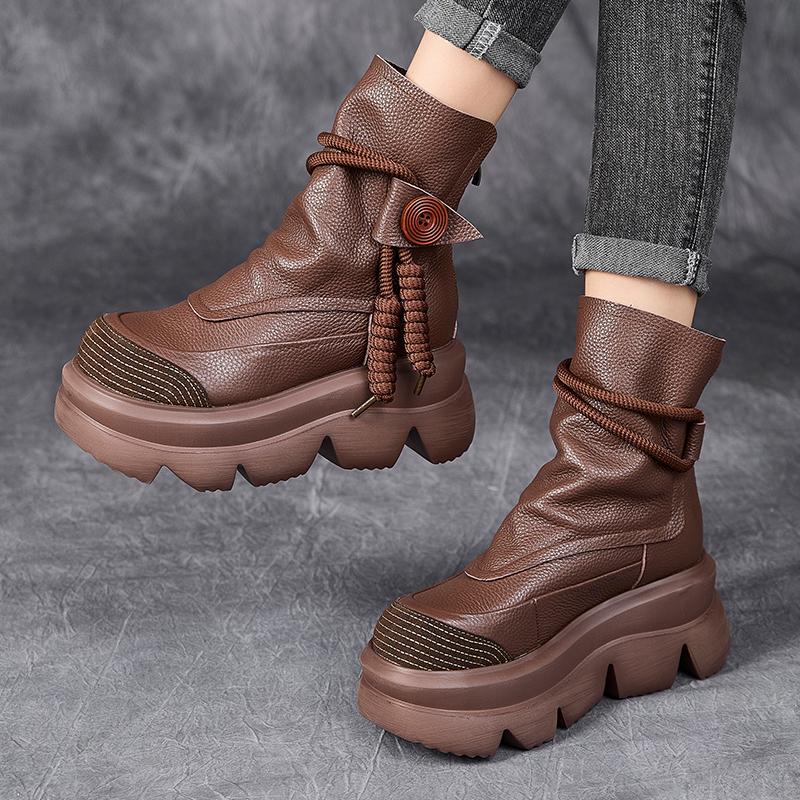 Handmade Mid-calf Boots Platform Women Genuine Leather Short Boots Round Toe Height Increasing Thick Sole Ladies Shoes
