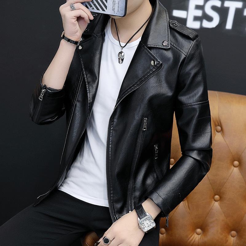 Boys lapel leather jacket men's jacket trendy slim handsome men's autumn new men's locomotive leather