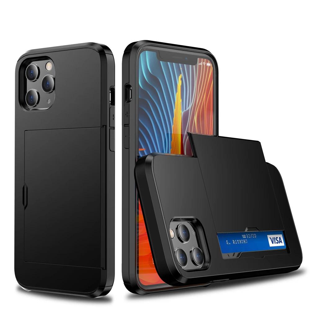 Armor Slide Card Case For iPhone 15 14 13 Pro Max 12 Mini 11 12 Pro Max XS Max XR X Card Slot Holder Cover Wallet Slide Cover