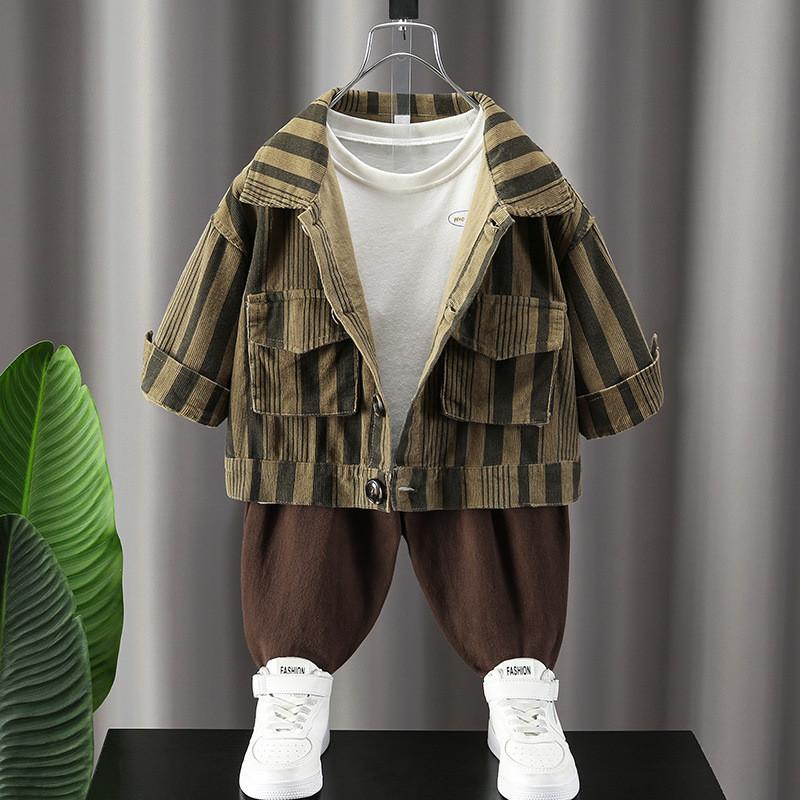 Stylish Cotton Two Piece Set For Boys Elegant Casual Striped Long Sleeve Shirt And Pants For Ages 3 To 8 In Khaki Color