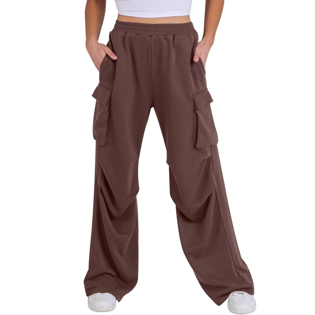 Women’s Wide Leg Cargo Pants Loose Fit High Waist Elastic Waistband Casual Trousers with Multiple Pockets for Daily Wear