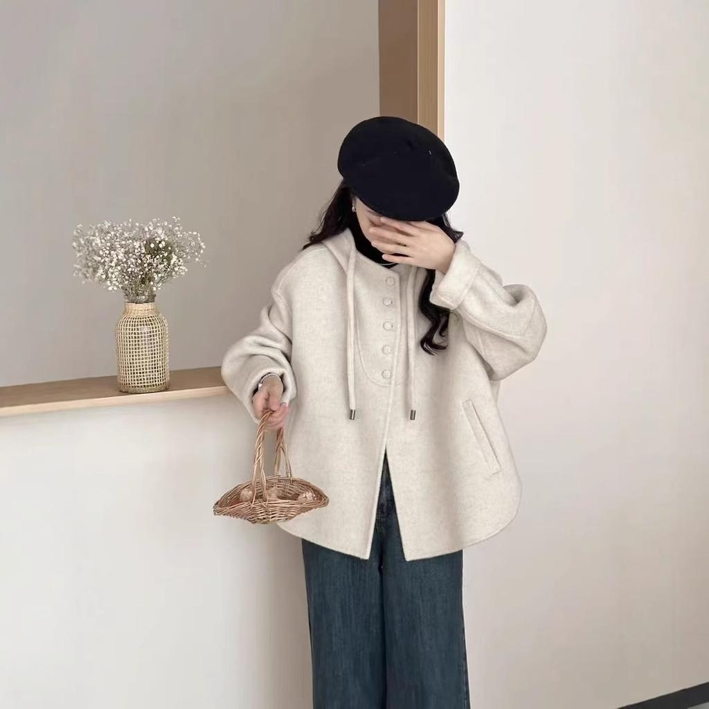 Stahovací šňůrka s kapucí, jednořadá, s více knoflíky, rukáv, oboustranný vlněný kabát, vlněný kabát pro ženy, aby se zahřály na podzim a v zimě