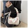 Women's Floral Print Drawstring Nylon Shoulder Bag, Sweet Style Bowknot Single Strap Handbag, Korean Fashion Casual Crossbody Purse