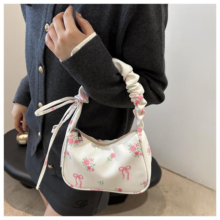 Women's Floral Print Drawstring Nylon Shoulder Bag, Sweet Style Bowknot Single Strap Handbag, Korean Fashion Casual Crossbody Purse