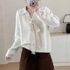 Women Korean Style Lace Bow Tie Collar Long Sleeve Knit Sweater