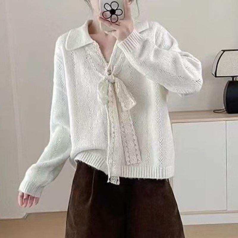 Women Korean Style Lace Bow Tie Collar Long Sleeve Knit Sweater