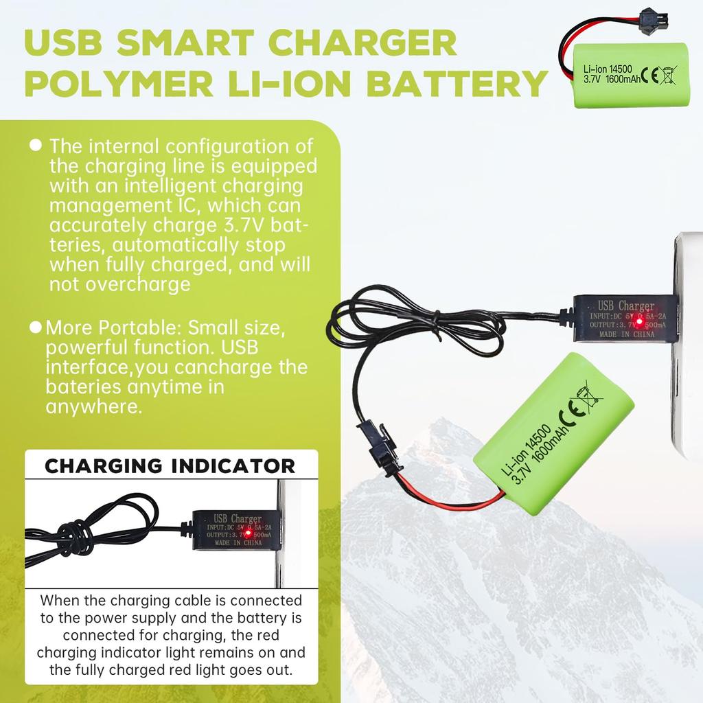 2PCS 3.7V 1600mAh Li-ion Battery with SM-2P Plug and USB Charging Cable for 9962 8837 Remote Control Toy Cars, RC Remote Control Vehicles,