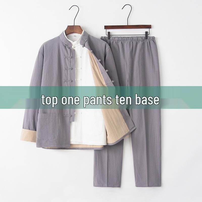 Men's Chinese Tang Suit: Cotton Linen Three-Piece Set with Stand Collar - Zen Meditation Outfit for Spring and Autumn
