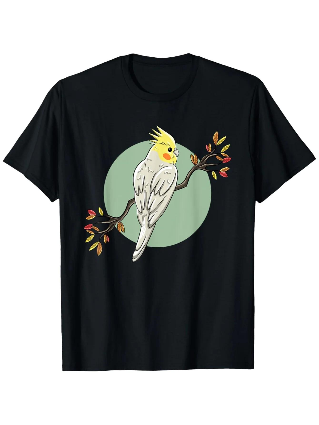 Cute Cockatiel Parrot Graphic Tee Minimalist Bird Perched On Branch Casual Cotton TShirt S