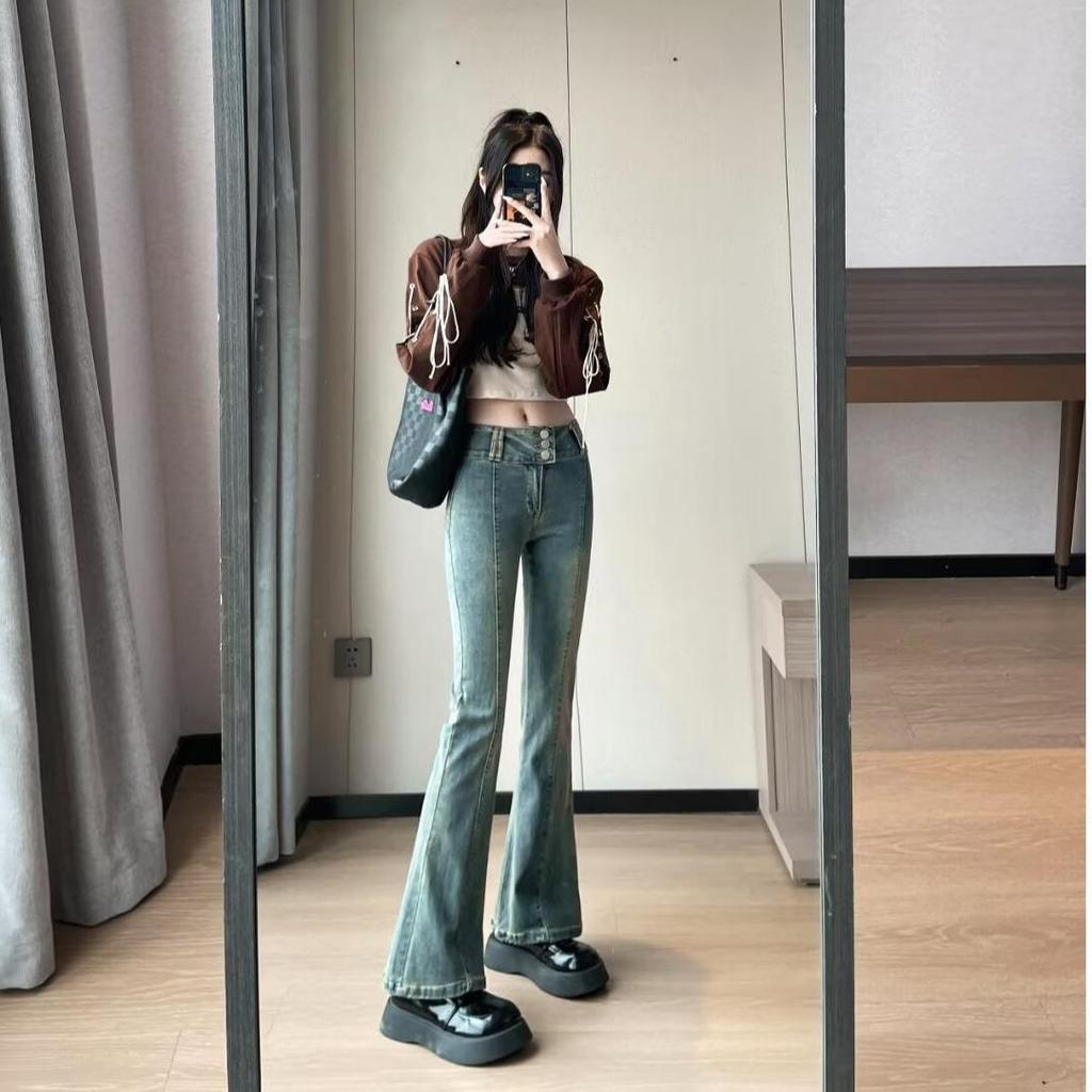 Washed Retro Micro-Flare High-Waisted Jeans for Women - 2024 Autumn Collection: Elastic, Distressed, Slimming, Tall-Looking Long Pants