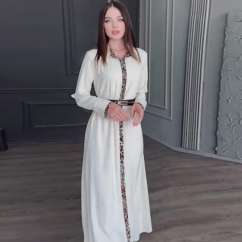 2024 Autumn Women's Color Block Polo Collar Waist-Hugging Long-Sleeve Dress