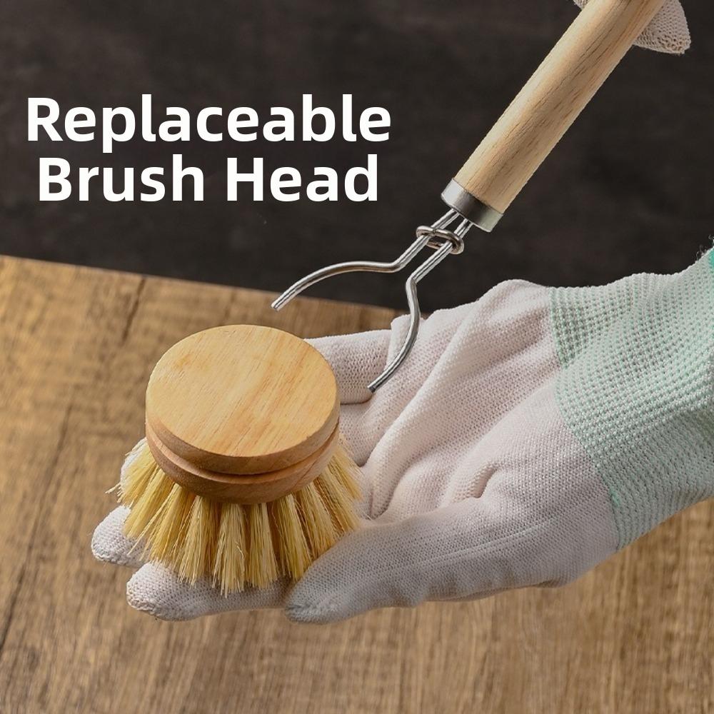 Wooden Handle Dish Pot Brush Replaceable Frying Pan Brush Kitchen Cleaning Brush  Home Cleaning