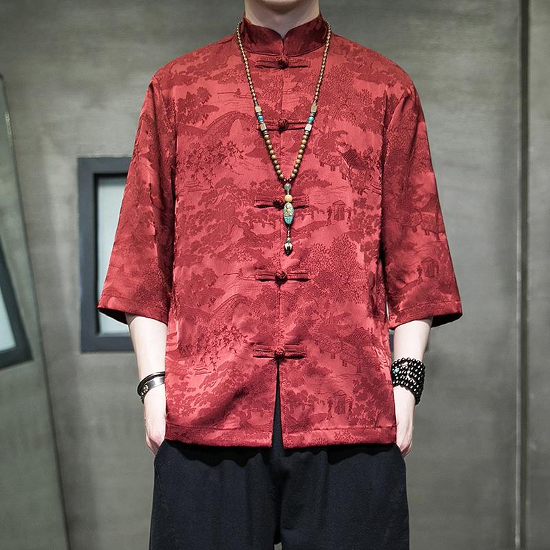 2025 Summer Ice Silk Short-Sleeved Shirt Men Chinese Style Tang Suit Jacquard Robe Youth Retro Men's Shirt Casual Tops