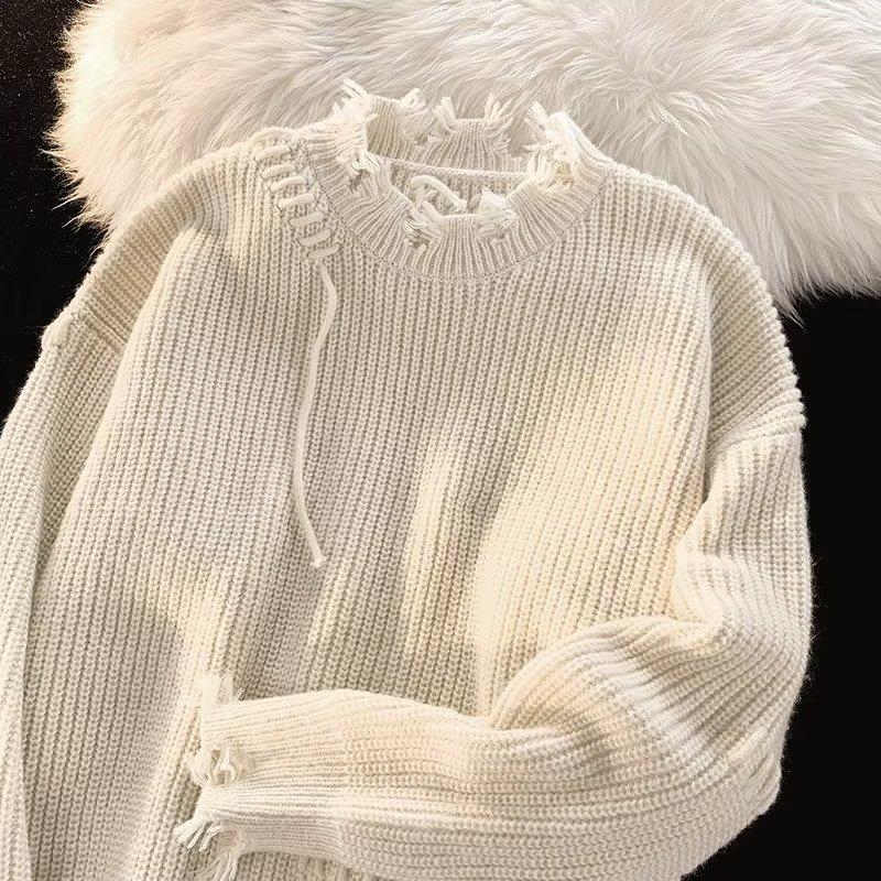 Amerikanischer High Street Pullover für Herren mit zerrissenem Rand und langen Ärmeln, Trendiges, Süßes und Cooles Design, Nischen-Paar-Stil, Lockerer und Vielseitiger Pullover