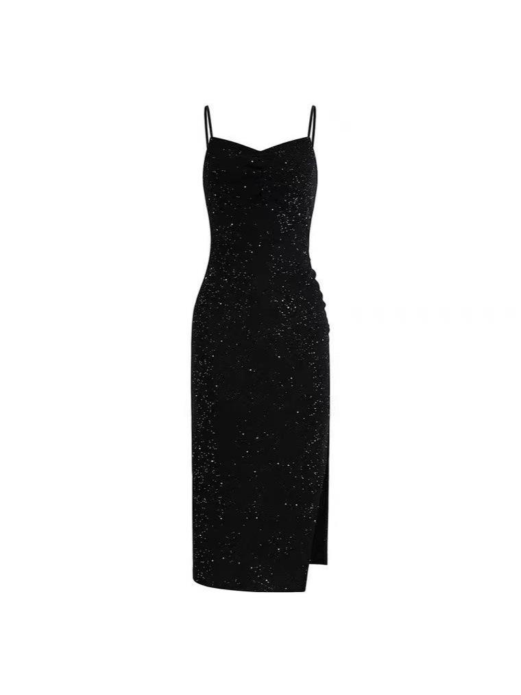 2024 Summer Korean Hepburn Black Sequin Slit Midi Slim Fit Suspender Dress