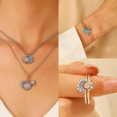 Sonne und Mond Diamant Stapelringe, Halskette und Armband Set - Europäischer & Amerikanischer Stil