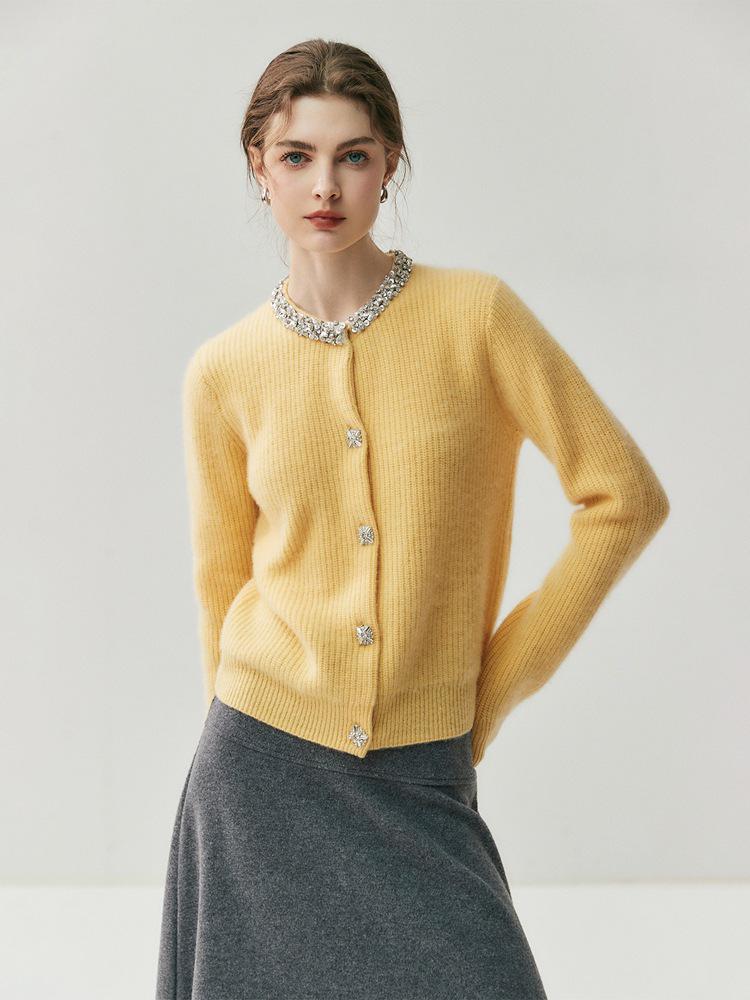 Women's Rhinestone & Cashmere Knit Cardigan - Lightweight, Warm, Round Neck Sweater for Autumn/Winter 2026