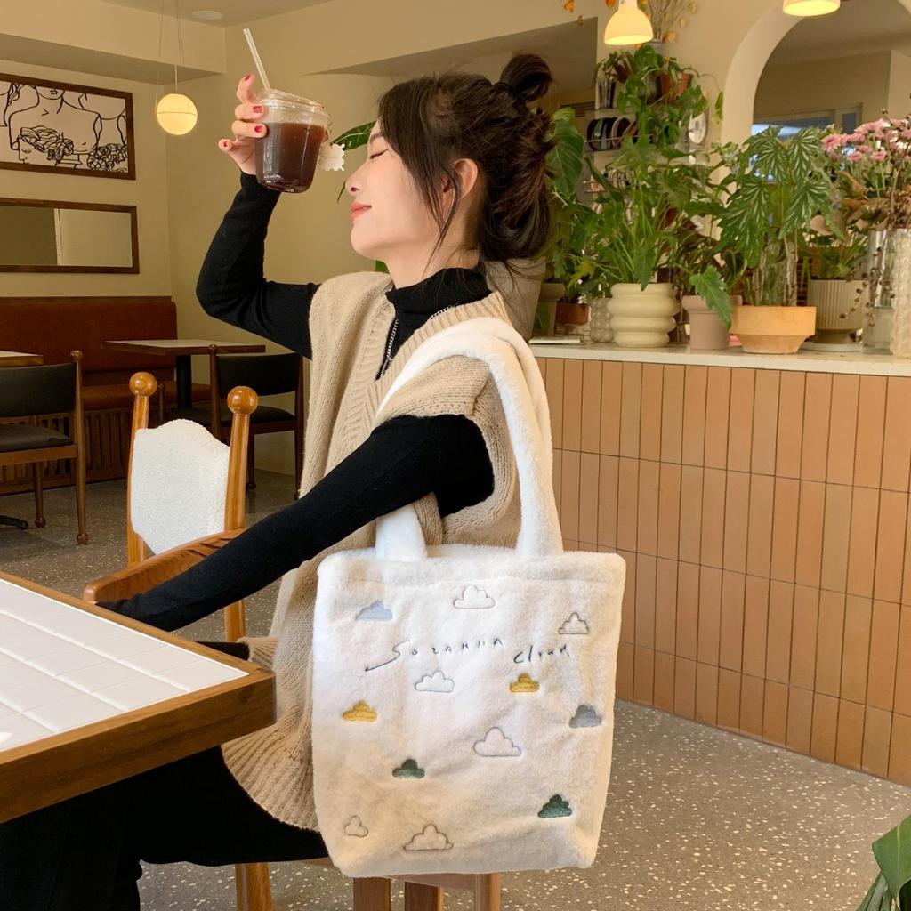 Women Plush Embroidery Small Cloud Cute Large Capacity Shoulder Bag