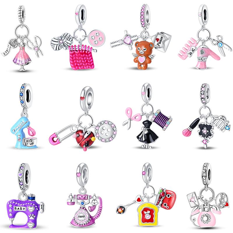 925 Silver Tailor Sewing Machine Telephone Alarm Clock Charms Pendants Fit 925 Bracelets DIY Jewelry