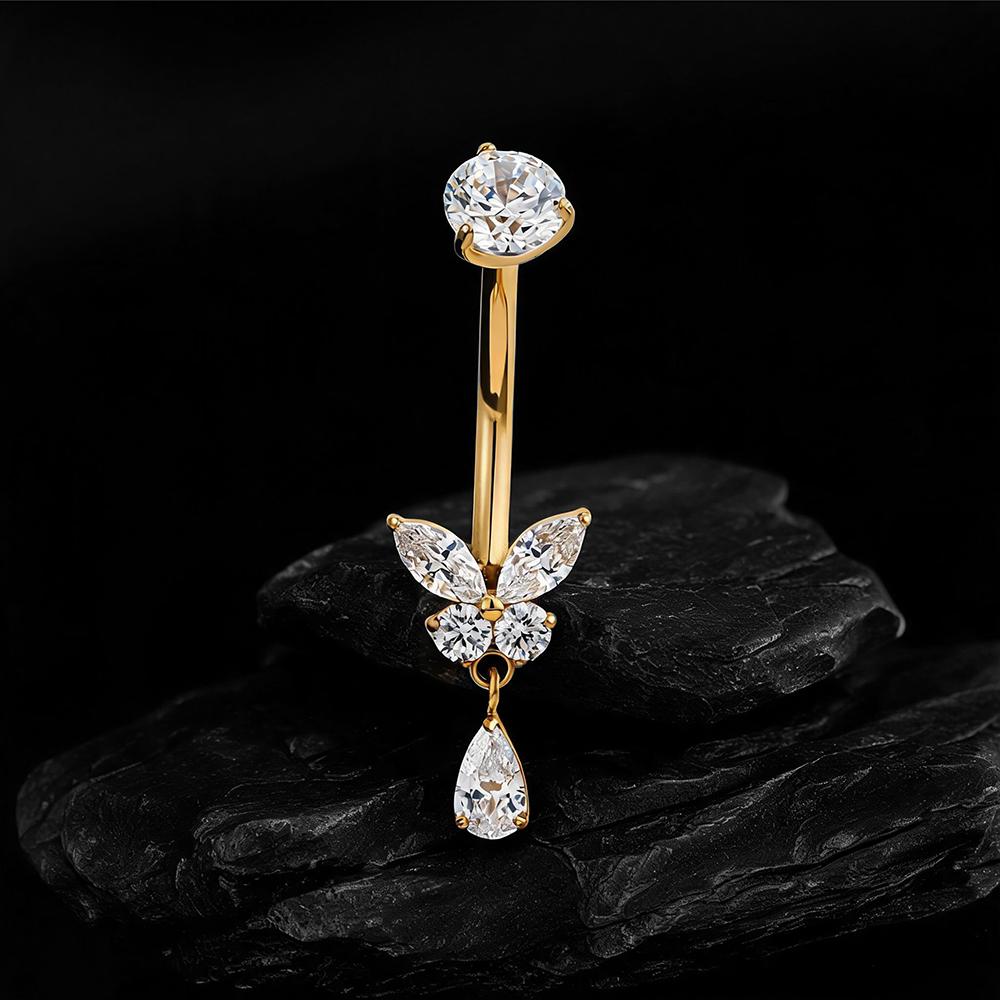 Right Grand ASTM F136 Titanium Butterfly CZ Dangle Belly Button Ring 14G Teardrop Drop Navel Curved Barbell Piercing Jewelry