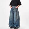 Jeans listrados vintage americanos de rua lavados com retalhos senso de design três barras desconstrução cimitarra perna larga calças maré