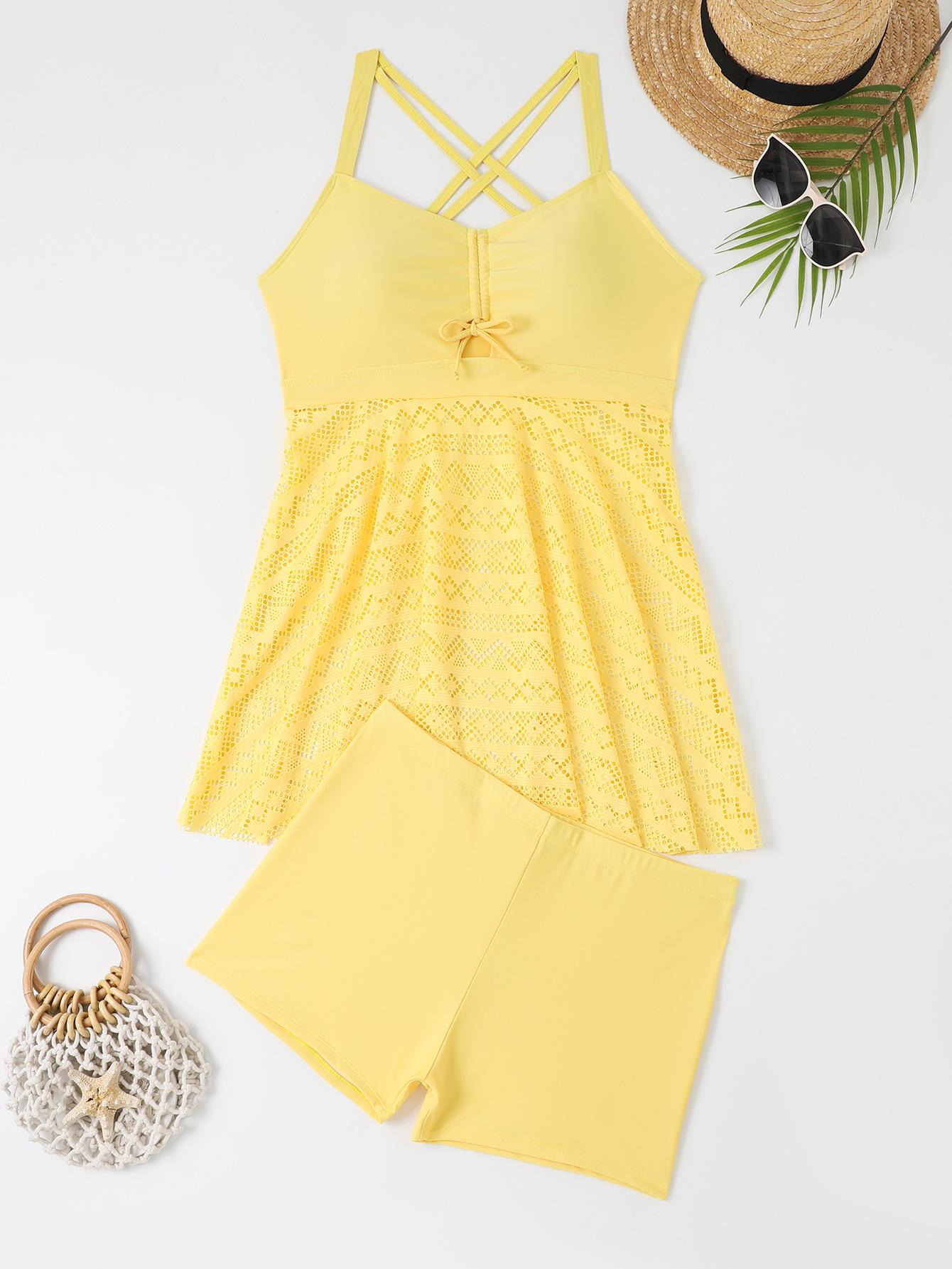 

2024 Plus Size European & American High-Waisted Skirt Swimsuit Set 1XL жовтий