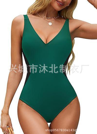 New straps, tight-fitting women's one-piece slim-fitting belly women's deep V-neck color matching back lace-up swimsuit
