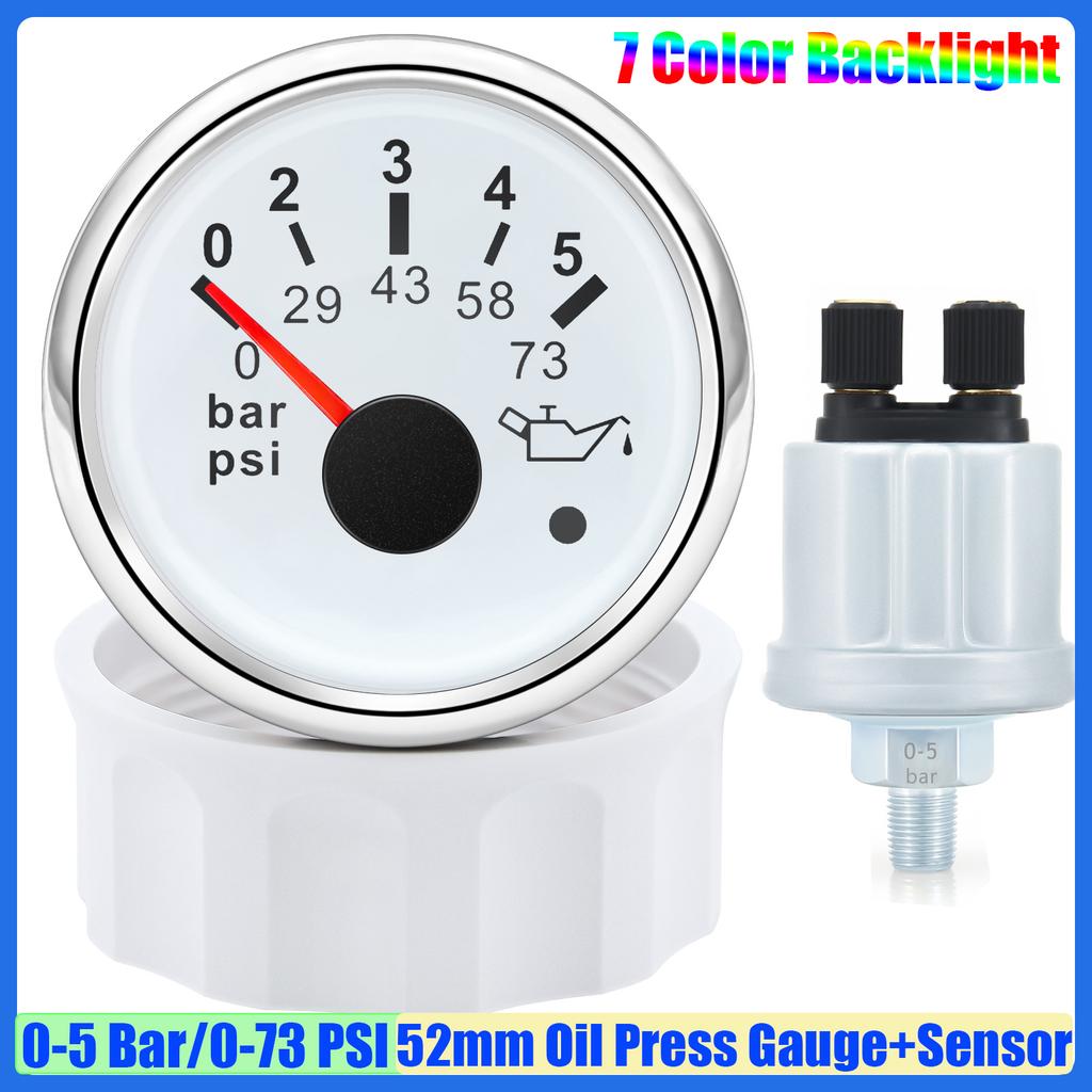 7 Color Light Pointer 52mm Oil Pressure Gauge with Sensor Alarm 0-5Bar,0-10Bar Oil Press Meter Indicator for Car Boat Yacht