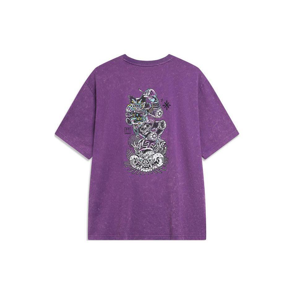 Li-Ning Wade Series Full Print Round Neck Loose Short Sleeve T-Shirt Unisex Tops Amaranth-Purple AHST941-7