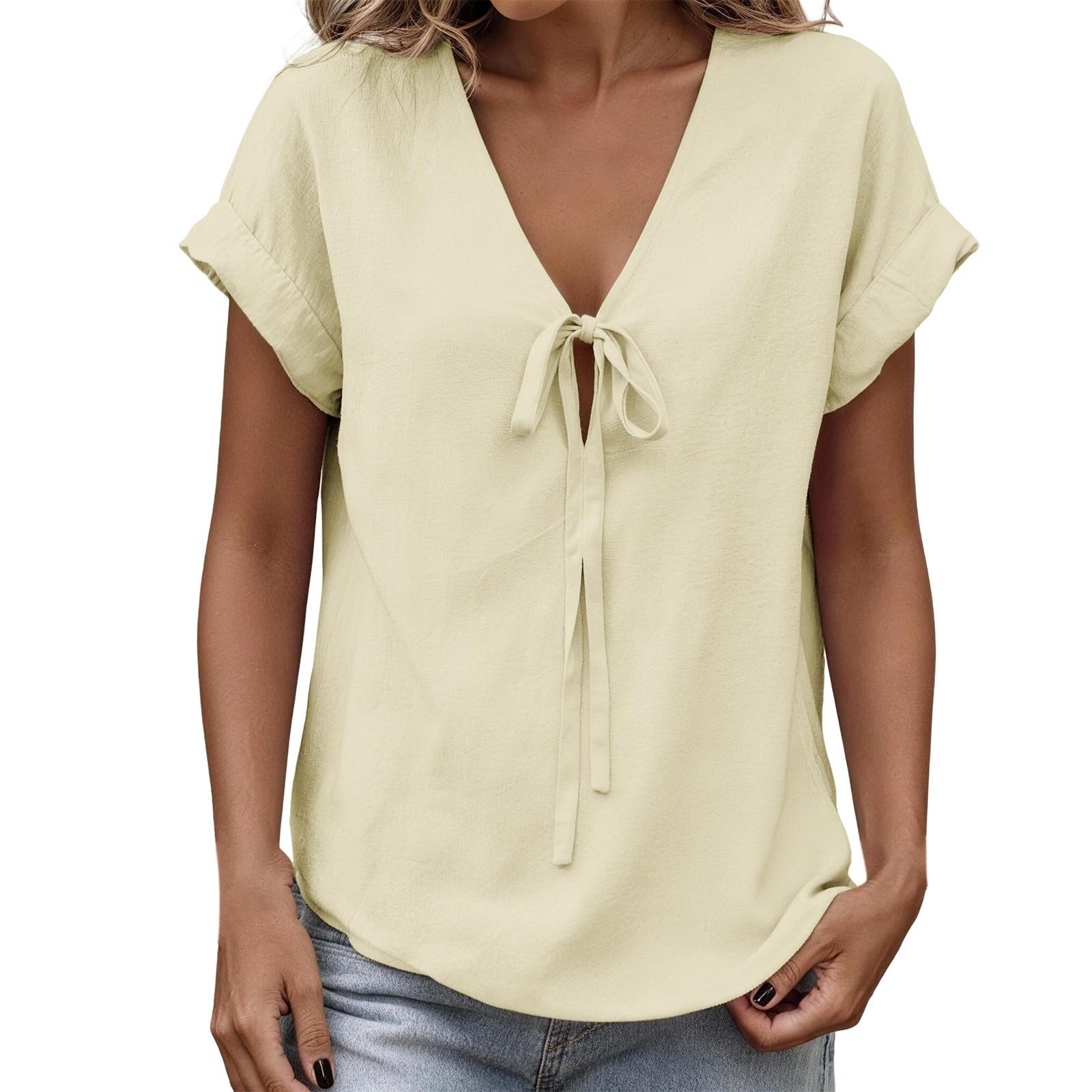 Women s Fashion Casual -Colour V-Neck Tie-Front Short-Sleeved T-Shirt Top L бежевый