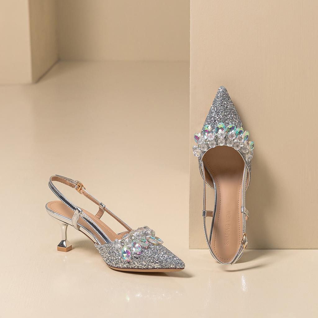 Pointed Rhinestone Stiletto Shoes Children's Spring 2025 New Versatile European and American Style Banquet Shoes Wedding Shoes Bag Head Sandals