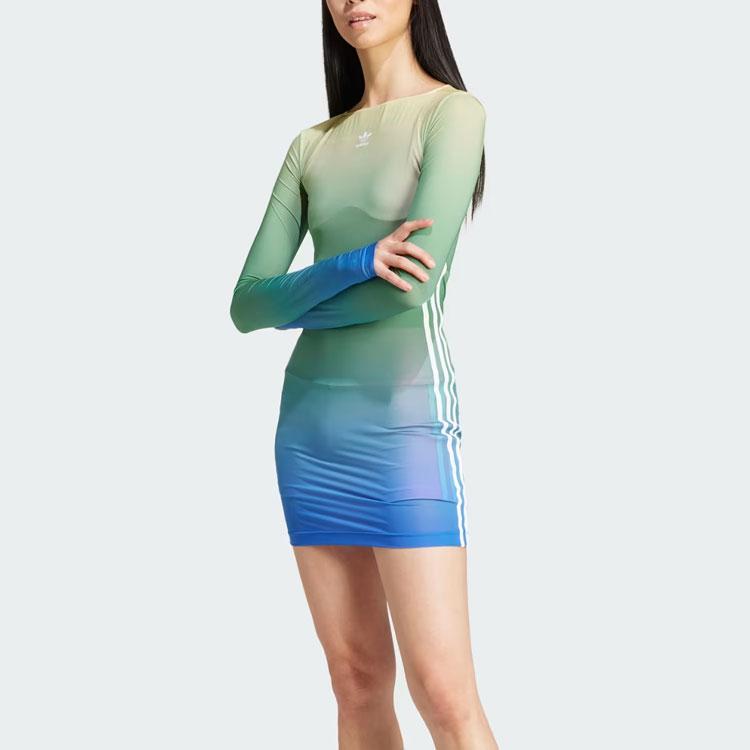Adidas Originals Round Neck Pullover Comfortable Casual Long Sleeve Dress Women Dresses Multicolor Blue JF8267