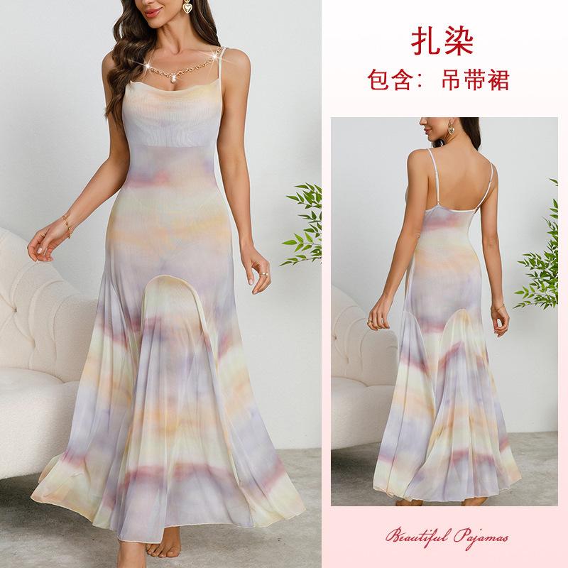 Multi-Style Sexy Lace Mesh Nightgown Deep V High Slit Print Cami Pajamas Women's Loungewear Versatile Seductive Sleepwear Collection with Diverse