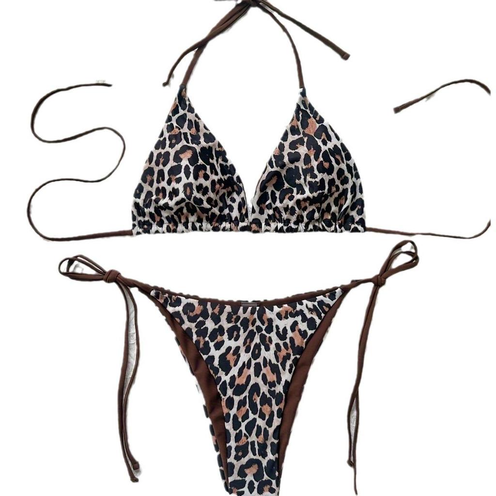 European & American Cross-Border Leopard Print Backless Bandage Bikini for Women
