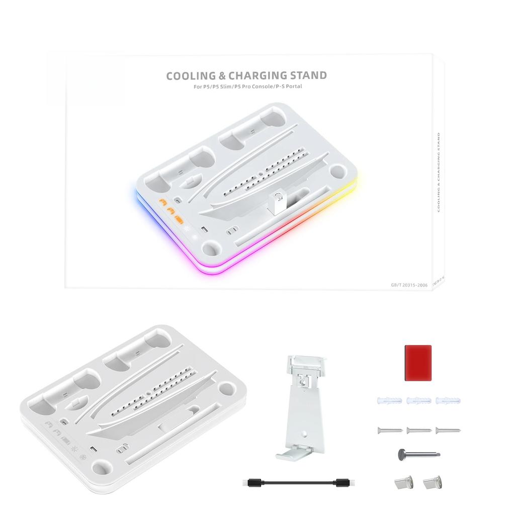 PS5 Slim/Pro Console Multi-function Cooling Storage Stand with Headset Hanging Rack,RGB Colorful Light