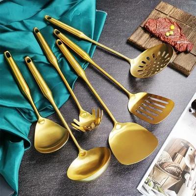 Stainless Steel Soup Rice Spoon Spatula Colander Frying Shovel Gold Long Handle Non-stick Restaurant Kitchen Gadget Sets