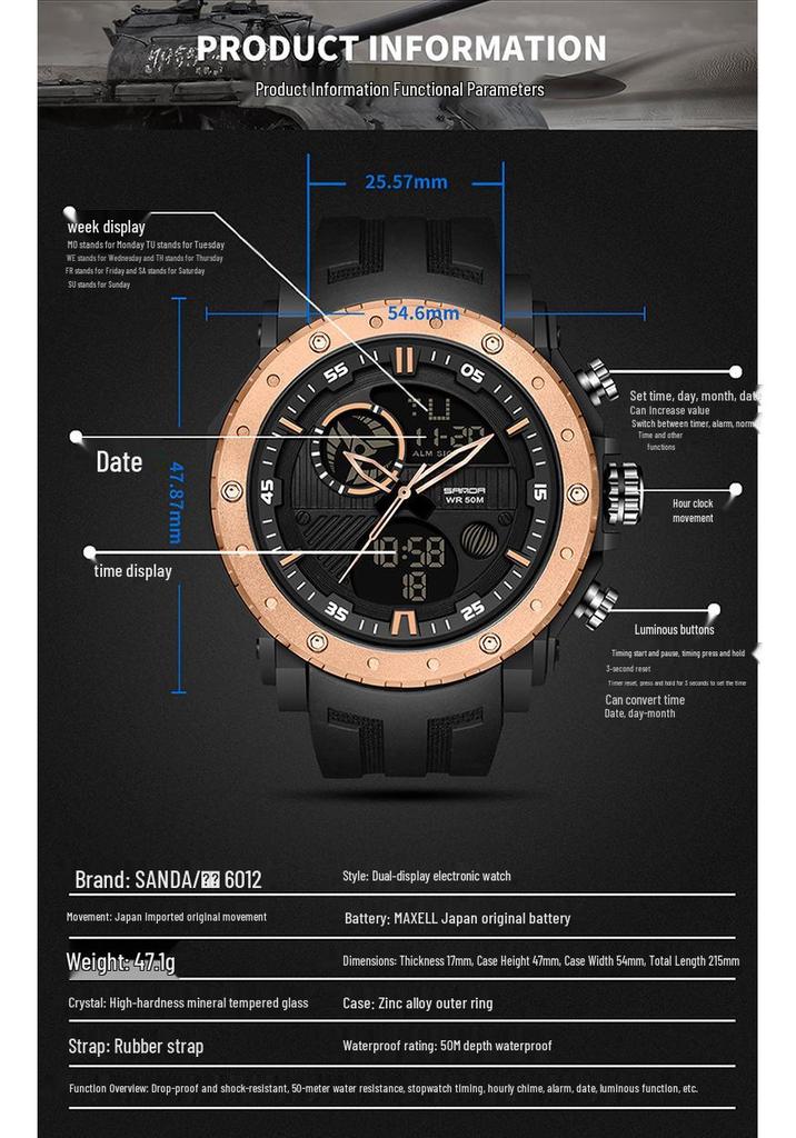 Sanda Multifunctional Dual Display Luminous Waterproof Outdoor Sports Men's Watch with Large Dial