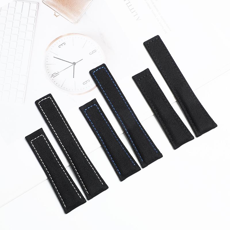 HY Hao Ya Men's Genuine Leather & Nylon Canvas Watch Strap with Velcro Closure, Available In 20mm and 22mm Sizes.