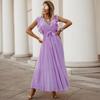Women's V Neck Ruffle Sleeve Solid Color A Line High Waist Casual Long Dress
