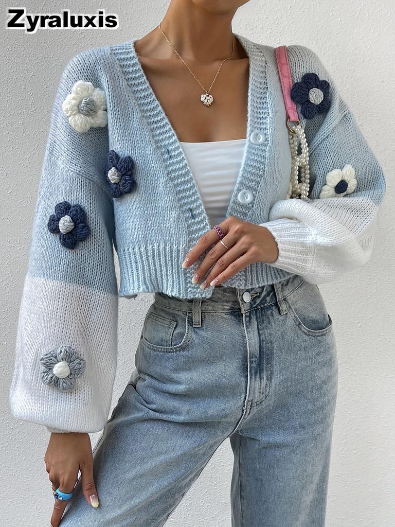 Vintage Knitted Overshirt, Solid Color Floral Element Knit Sweater