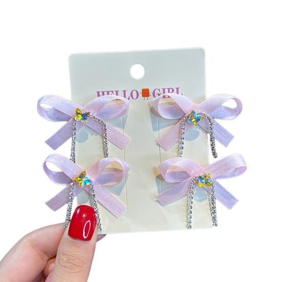 2Pcs Hairpin Soft Ribbon Bowknot Decor Smooth Edges No Hair Pulling Rhinestone Bow Chain Tassels Hair Clip Kids Hair Accessories