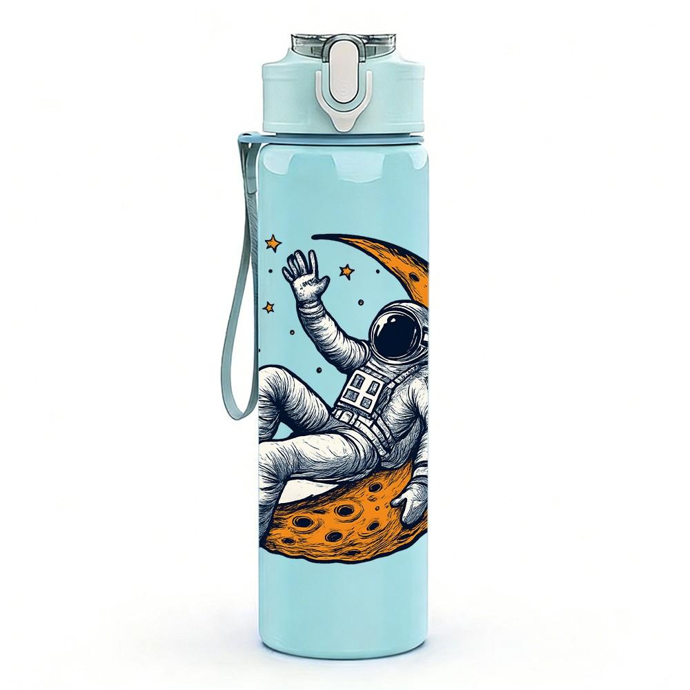 1PC Moon Astronaut Relax Space Pattern 750ml Color Plastic Sports Water Bottle Leakproof Flip Straw Lid Suitable for Sports Office Home Use