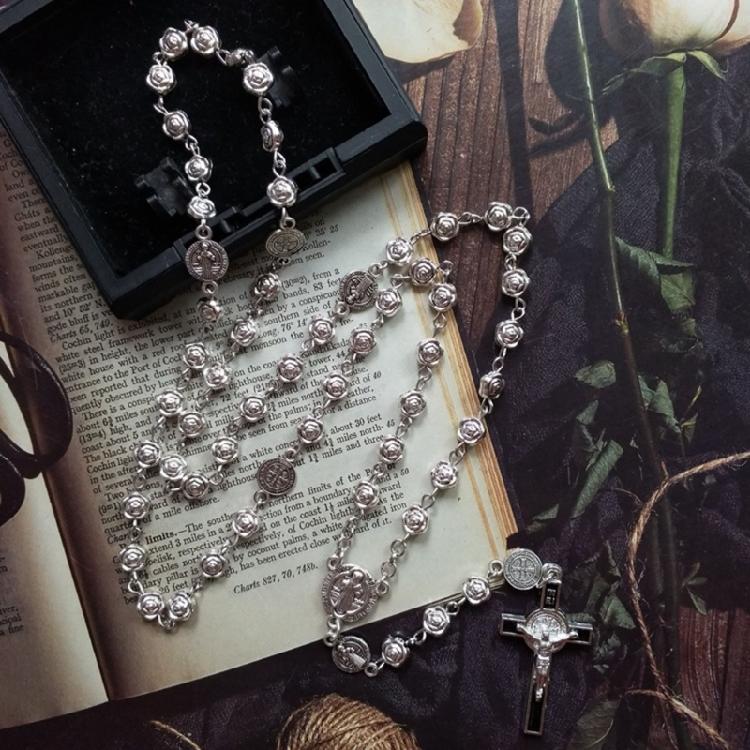 Rose Rosary Beads Rosary Necklace Catholic Prayer Silver Beads High Quality