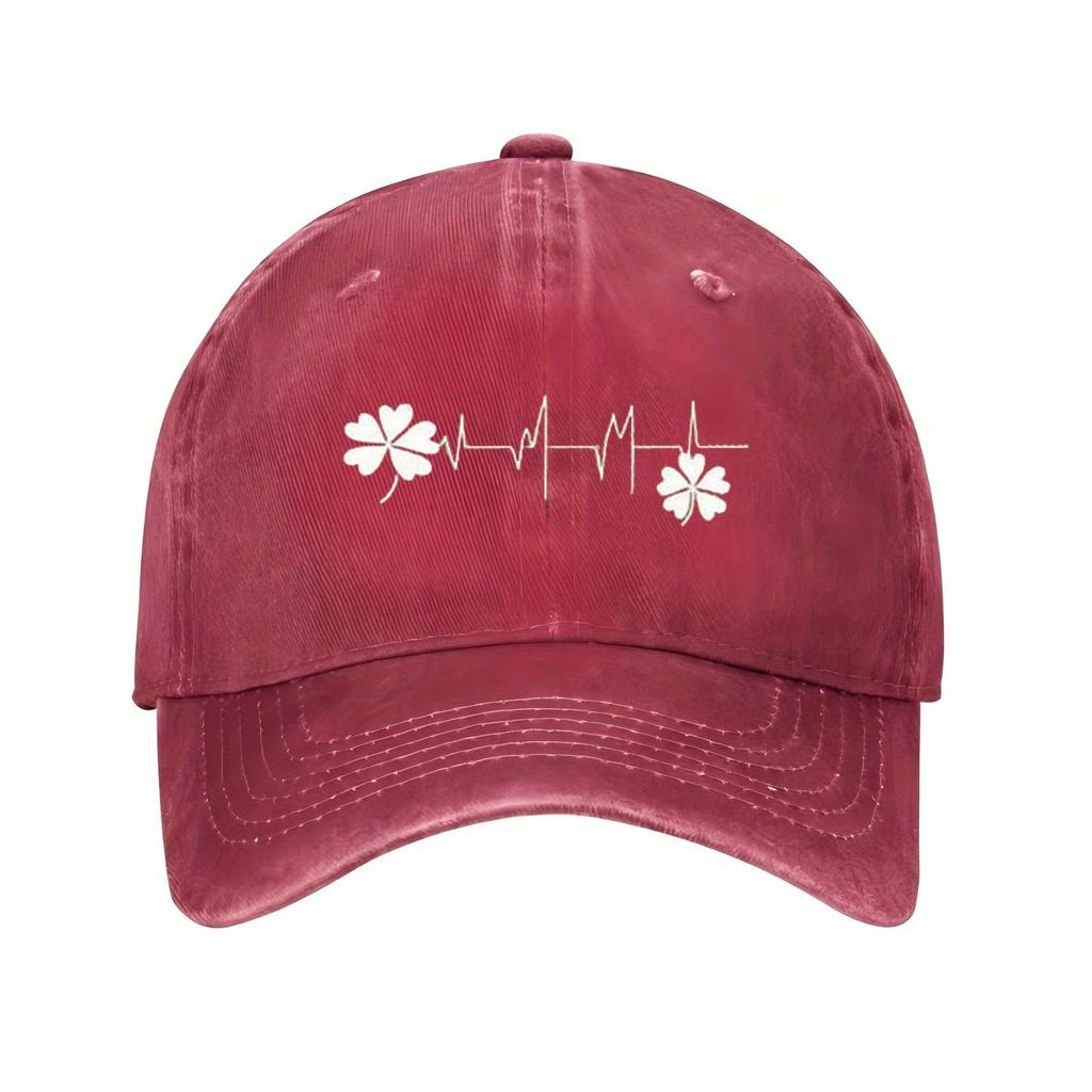 Four Leaf Clover Heartbeat Baseball Cap Unisex Polyester Casual Sporty Outdoor Adjustable Hat