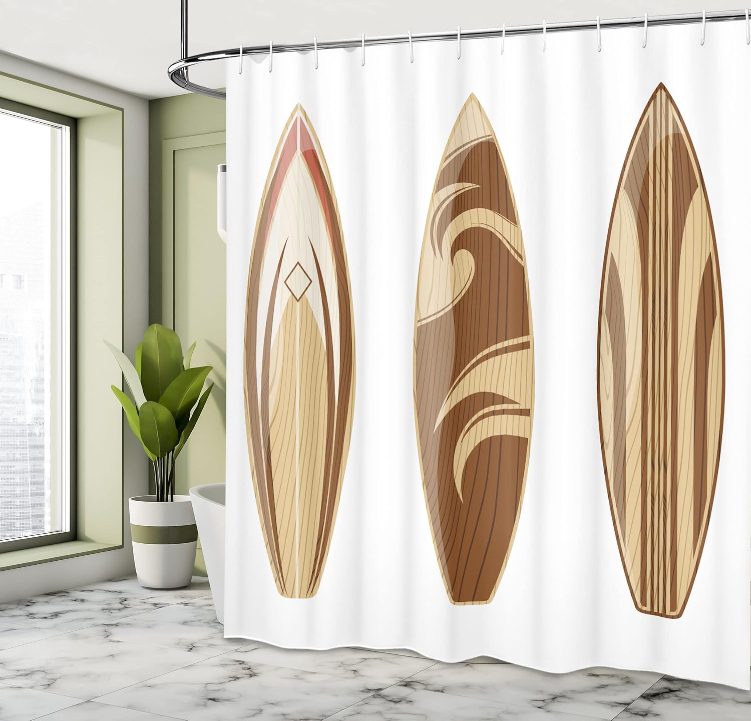 Dunika Chen Brown Surfboard Shower Curtain With Hooks – Wooden Surfboards, Earthy Caramel Design, Coastal Adventure Bathroom Decor