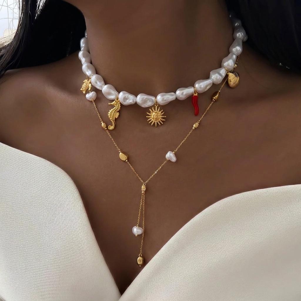 Bohemian Baroque Irregular Imitation Pearl Necklace For Women Ocean Starfish Seahorse Turtle Sun Coral Choker Beach Jewelry