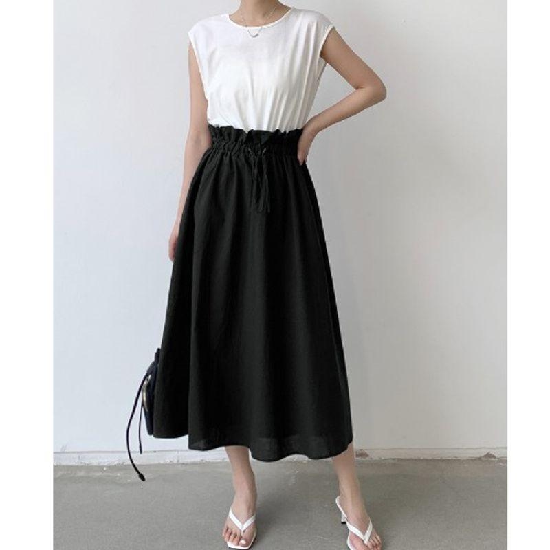 

South Korea Dongdaemun Artsy Summer round Neck Patchwork Contrast Color A- line Waist Fitted Casual Sleeveless Mid Length Long Length Dress Women White spell Black L
