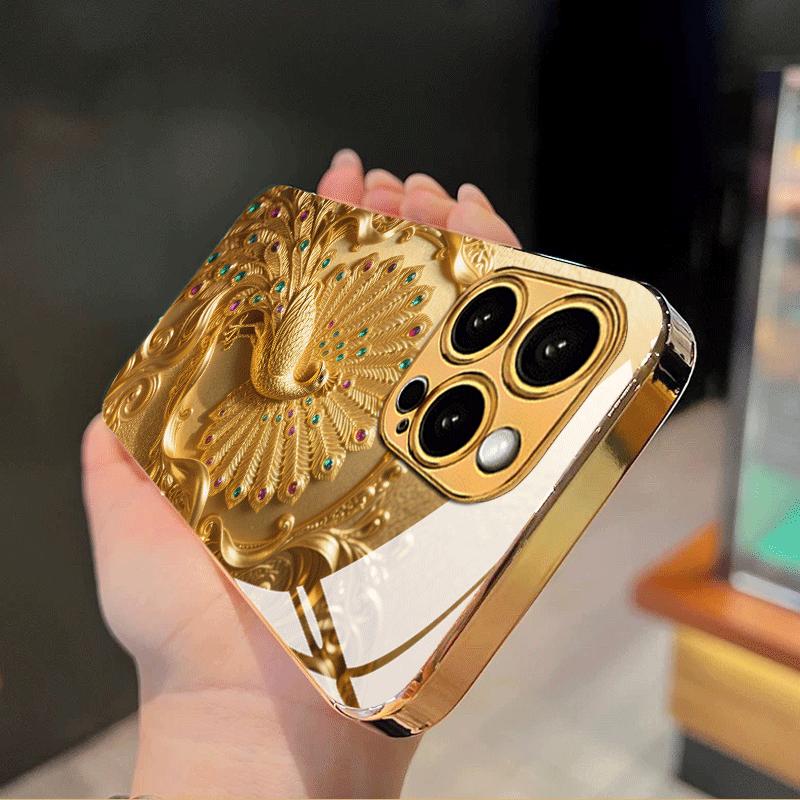 Luxurious peacock patterned electroplated glass phone case suitable for iPhone 17 16 15 14 13 12 11 Pro/Max/Plus shockproof