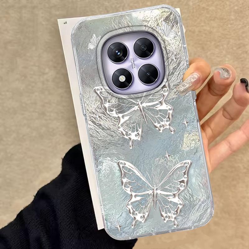For Redmi Note 14 Pro Plus 13 11 12 Pro 14S 11S 10S 9 Pro Max 9S 8 Pro 5G Ro 4G Phone Case Silver Butterfly Pattern Silicone Bag